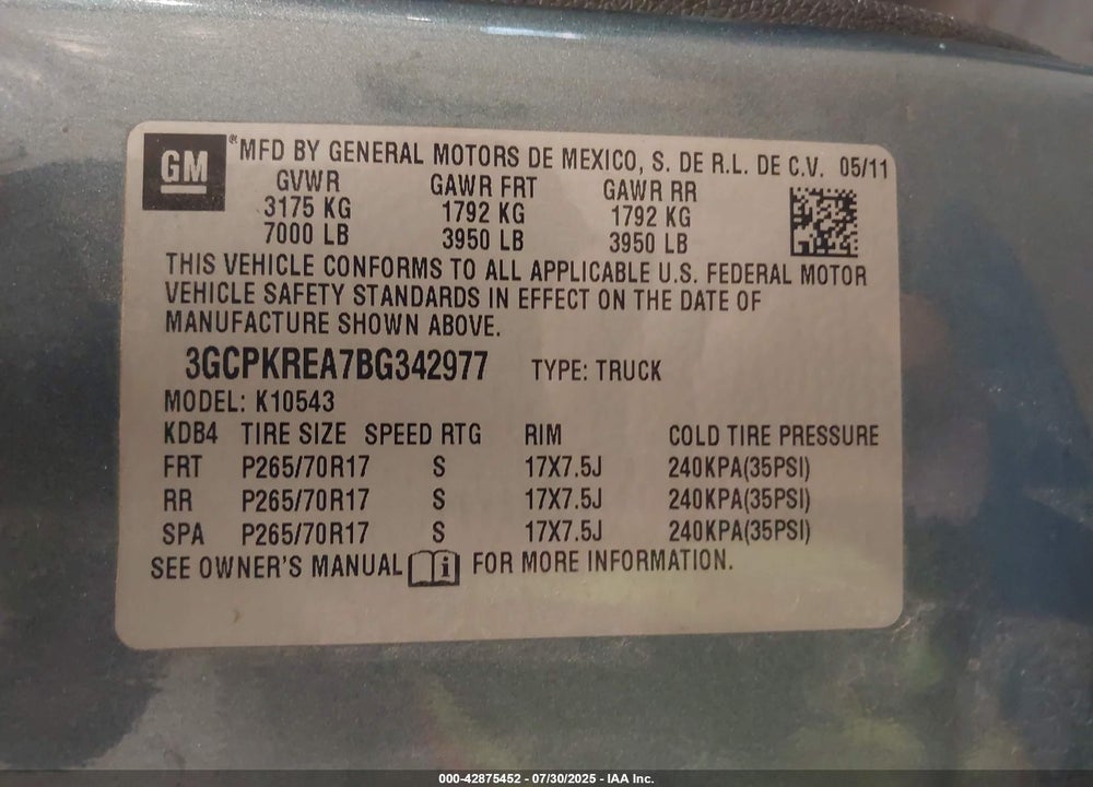 2011 CHEVROLET SILVERADO 1500 VIN: 3GCPKREA7BG342977