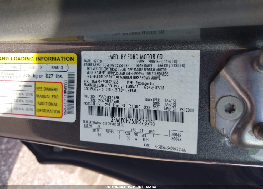 2018 FORD FUSION VIN: 3FA6P0H75JR273255
