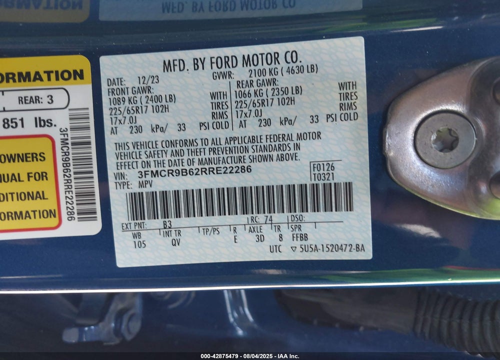 2024 FORD BRONCO SPORT VIN: 3FMCR9B62RRE22286