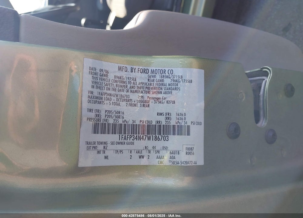 2007 FORD FOCUS S/SE/SES VIN: 1FAFP34N47W186703