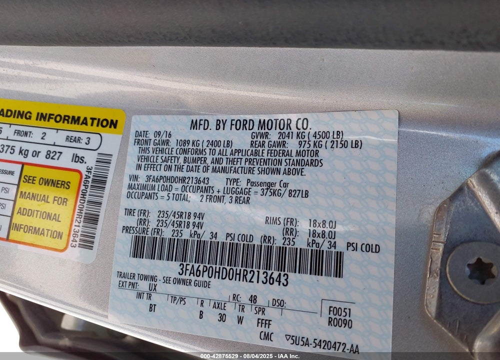 2017 FORD FUSION VIN: 3FA6P0HD0HR213643