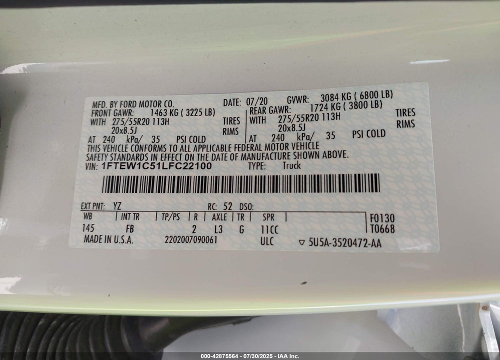 2020 FORD F-150 VIN: 1FTEW1C51LFC22100