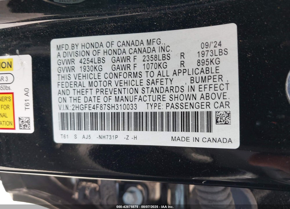 2025 HONDA CIVIC HYBRID VIN: 2HGFE4F87SH310033