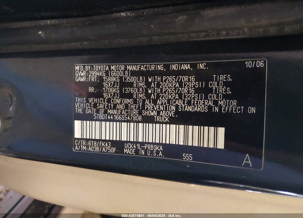 2006 TOYOTA TUNDRA VIN: 5TBDT44166S547808