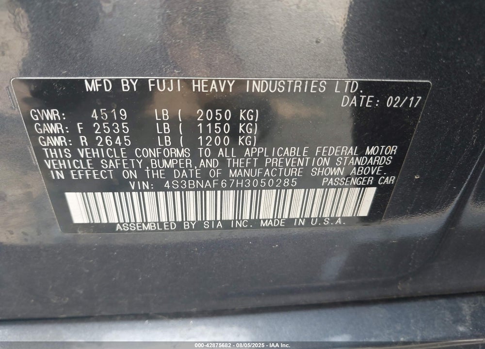 2017 SUBARU LEGACY VIN: 4S3BNAF67H3050285