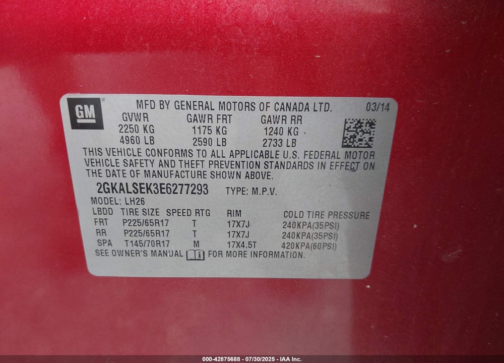 2014 GMC TERRAIN VIN: 2GKALSEK3E6277293