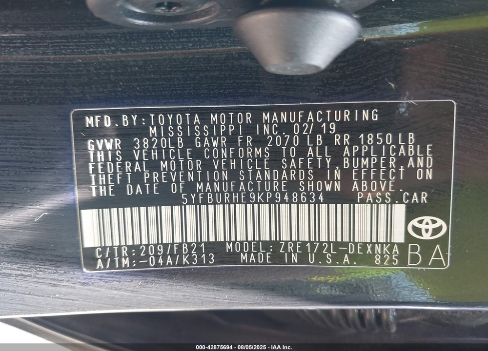 2019 TOYOTA COROLLA VIN: 5YFBURHE9KP948634