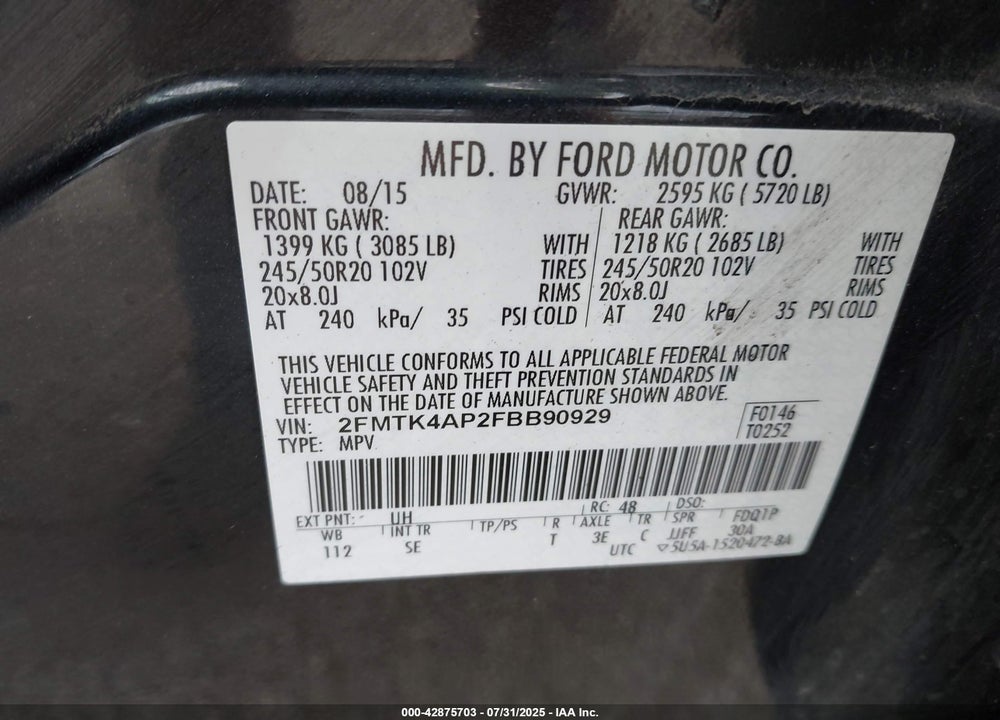 2015 FORD EDGE VIN: 2FMTK4AP2FBB90929