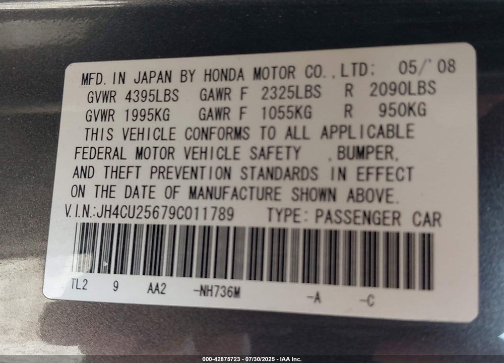 2009 ACURA TSX VIN: JH4CU25679C011789