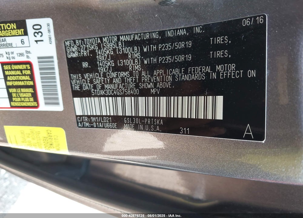 2016 TOYOTA SIENNA SE PREMIUM 8 PASSENGER VIN: 5TDXK3DC4GS758400