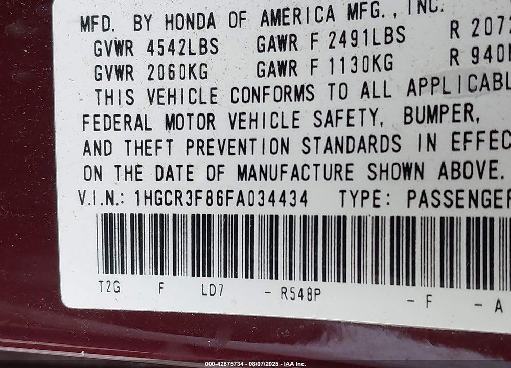 2015 HONDA ACCORD VIN: 1HGCR3F86FA034434