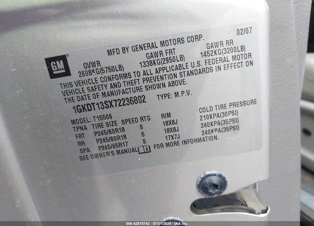 2007 GMC ENVOY SLT VIN: 1GKDT13SX72236802