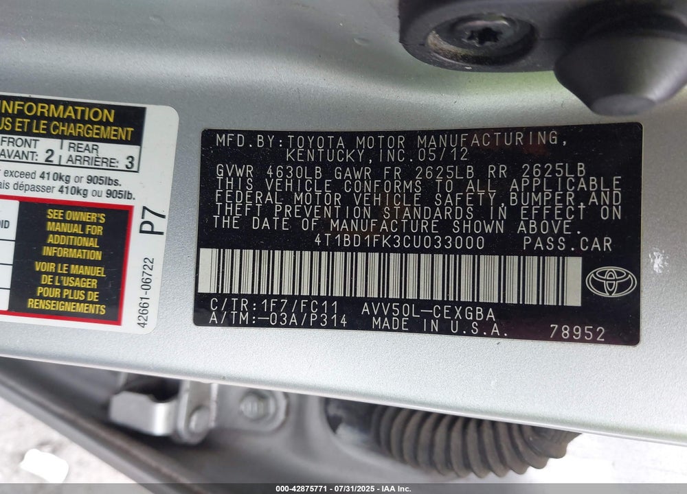 2012 TOYOTA CAMRY HYBRID XLE VIN: 4T1BD1FK3CU033000