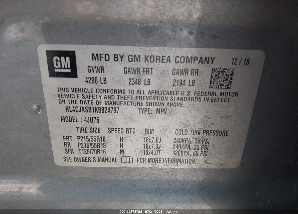 2019 BUICK ENCORE VIN: KL4CJASB1KB824797