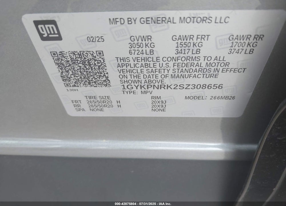 2025 CADILLAC LYRIQ VIN: 1GYKPNRK2SZ308656