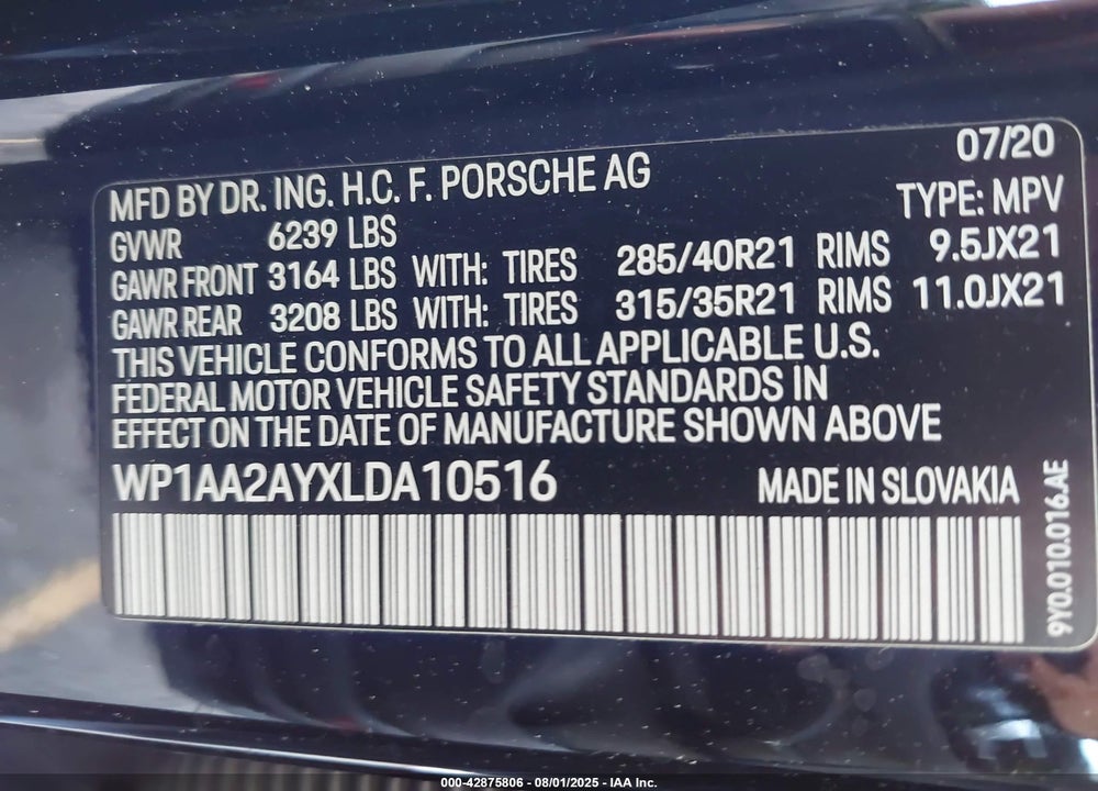 2020 PORSCHE CAYENNE VIN: WP1AA2AYXLDA10516