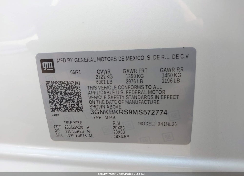 2021 CHEVROLET BLAZER VIN: 3GNKBKRS9MS572774