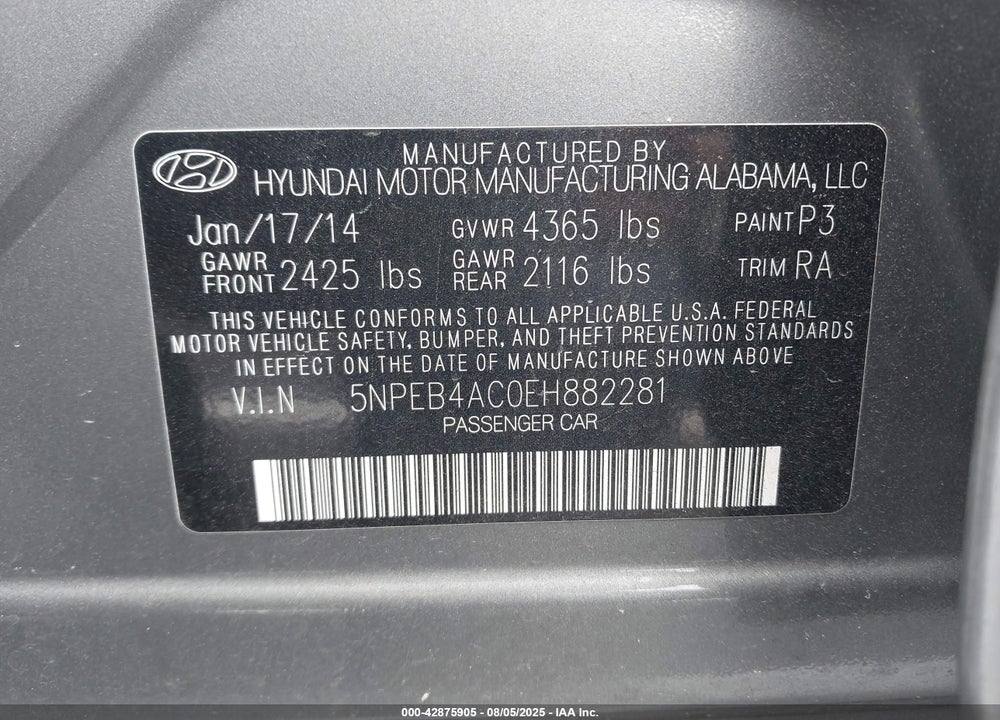 2014 HYUNDAI SONATA GLS VIN: 5NPEB4AC0EH882281
