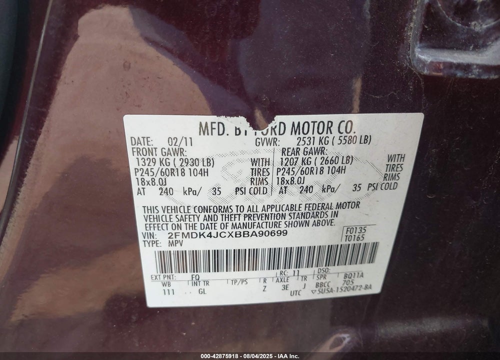 2011 FORD EDGE SEL VIN: 2FMDK4JCXBBA90699