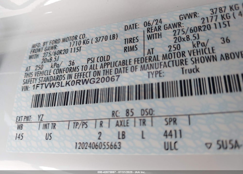 2024 FORD F-150 LIGHTNING VIN: 1FTVW3LK0RWG20067