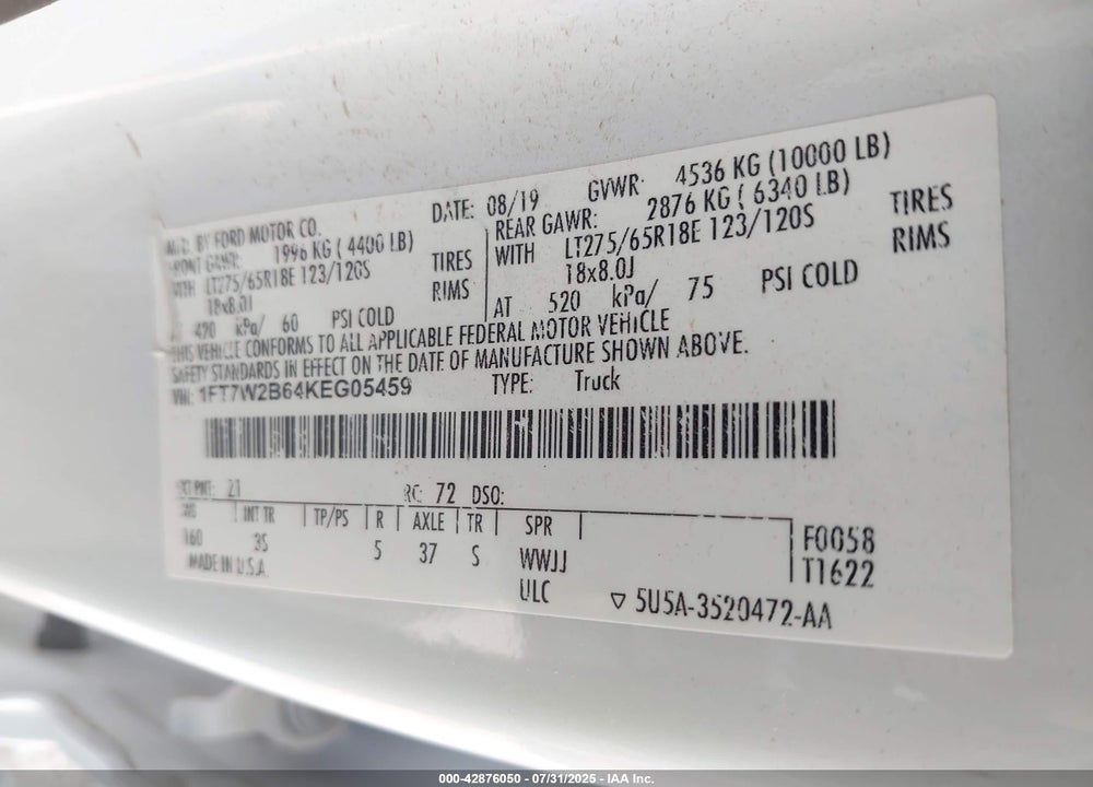 2019 FORD F-250 VIN: 1FT7W2B64KEG05459