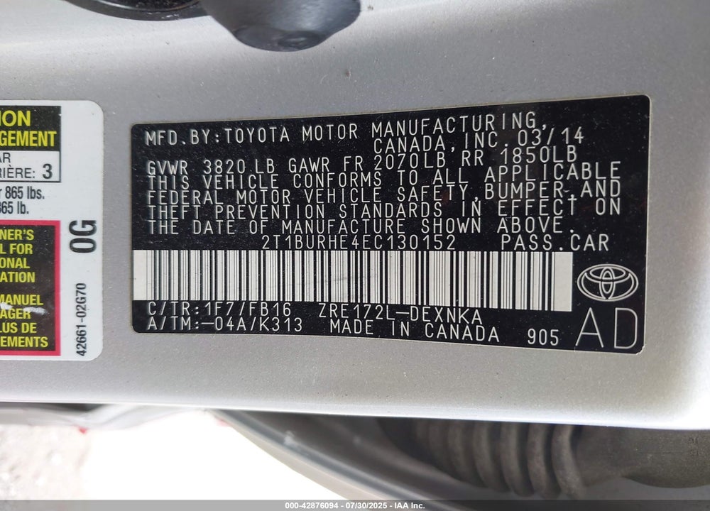 2014 TOYOTA COROLLA VIN: 2T1BURHE4EC130152