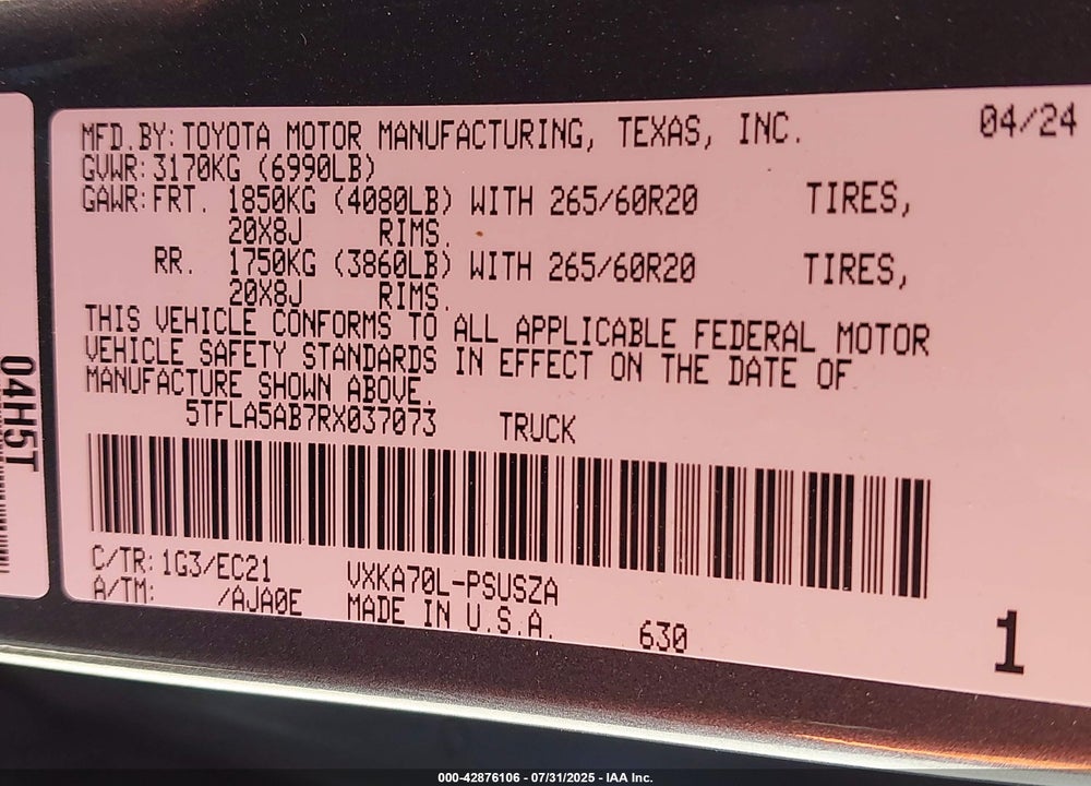 2024 TOYOTA TUNDRA VIN: 5TFLA5AB7RX037073