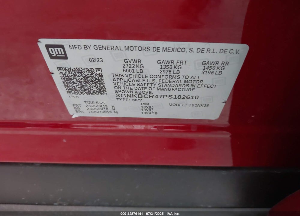 2023 CHEVROLET BLAZER VIN: 3GNKBCR47PS182610