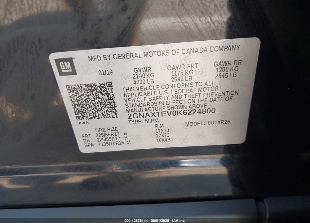 2019 CHEVROLET EQUINOX VIN: 2GNAXTEV0K6224800