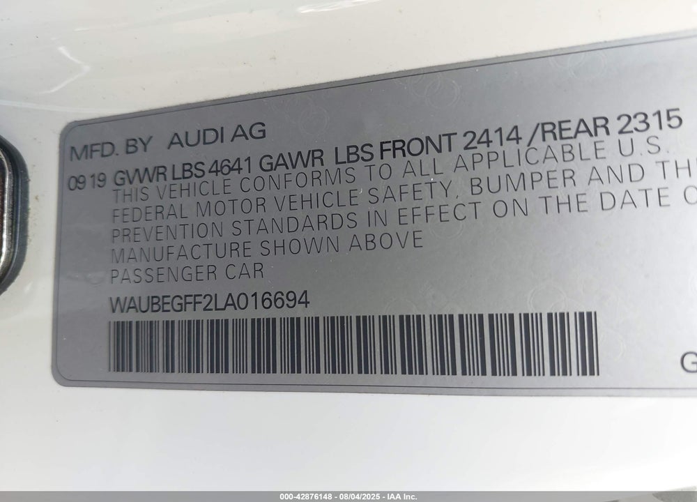 2020 AUDI A3 VIN: WAUBEGFF2LA016694