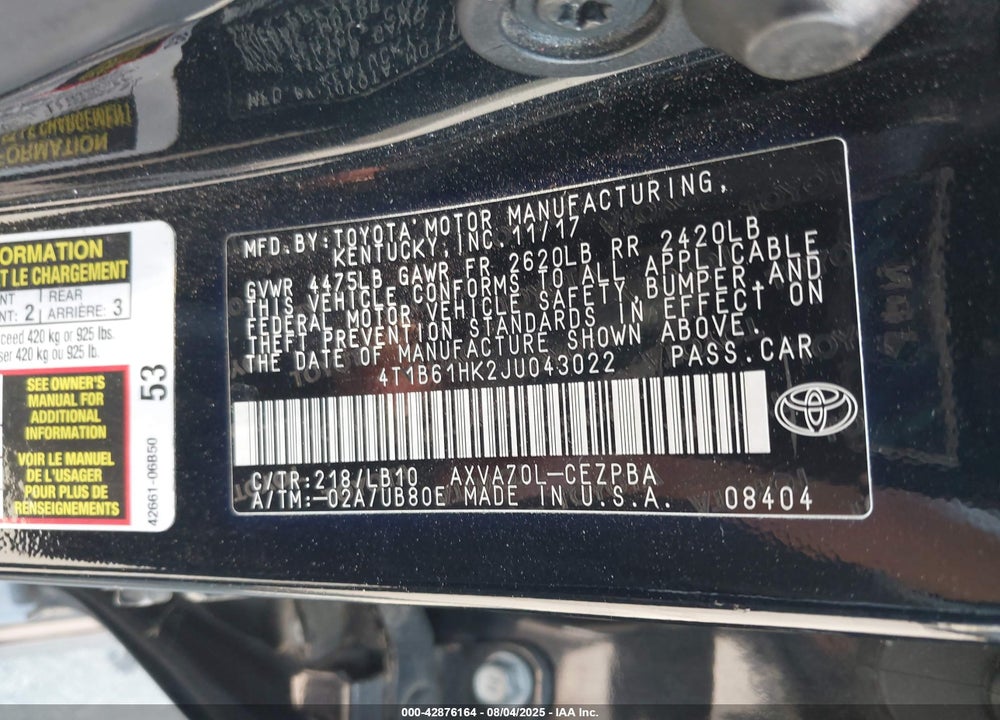 2018 TOYOTA CAMRY VIN: 4T1B61HK2JU043022