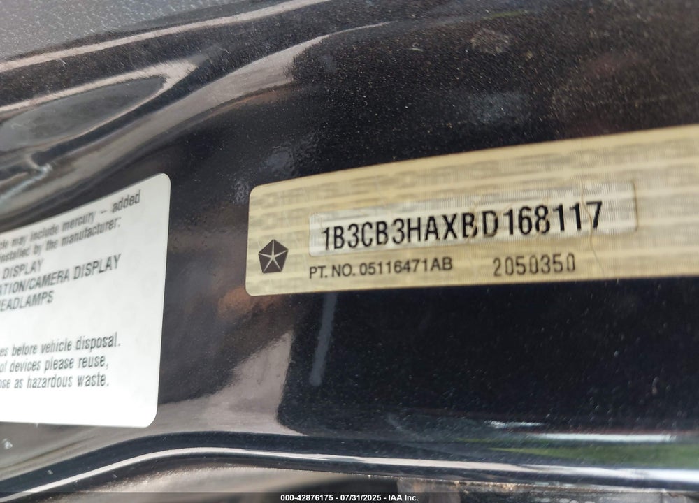 2011 DODGE CALIBER VIN: 1B3CB3HAXBD168117