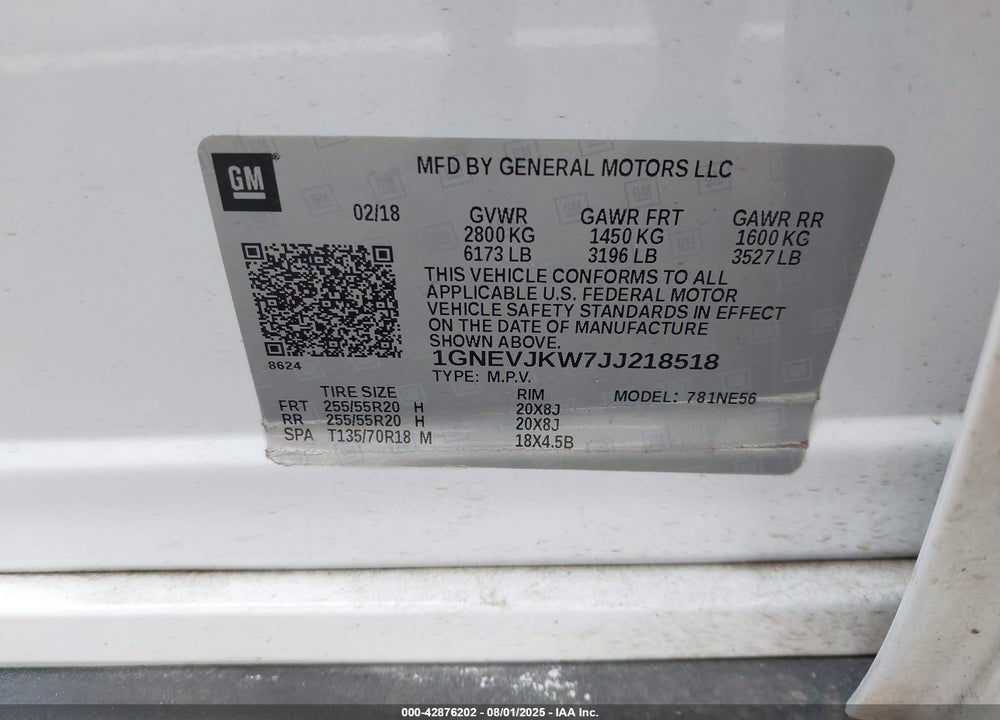 2018 CHEVROLET TRAVERSE VIN: 1GNEVJKW7JJ218518