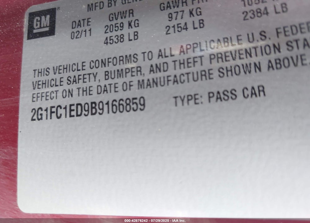 2011 CHEVROLET CAMARO VIN: 2G1FC1ED9B9166859