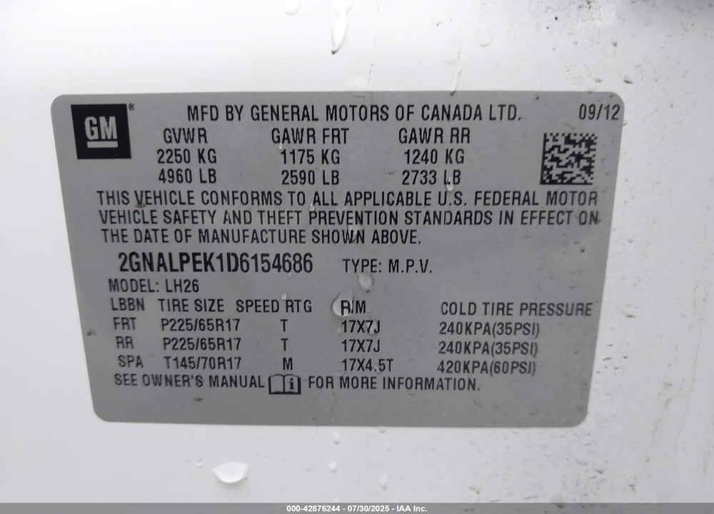 2013 CHEVROLET EQUINOX VIN: 2GNALPEK1D6154686