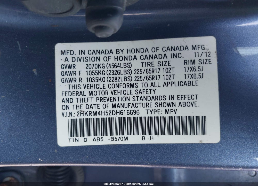 2013 HONDA CR-V VIN: 2HKRM4H52DH616696