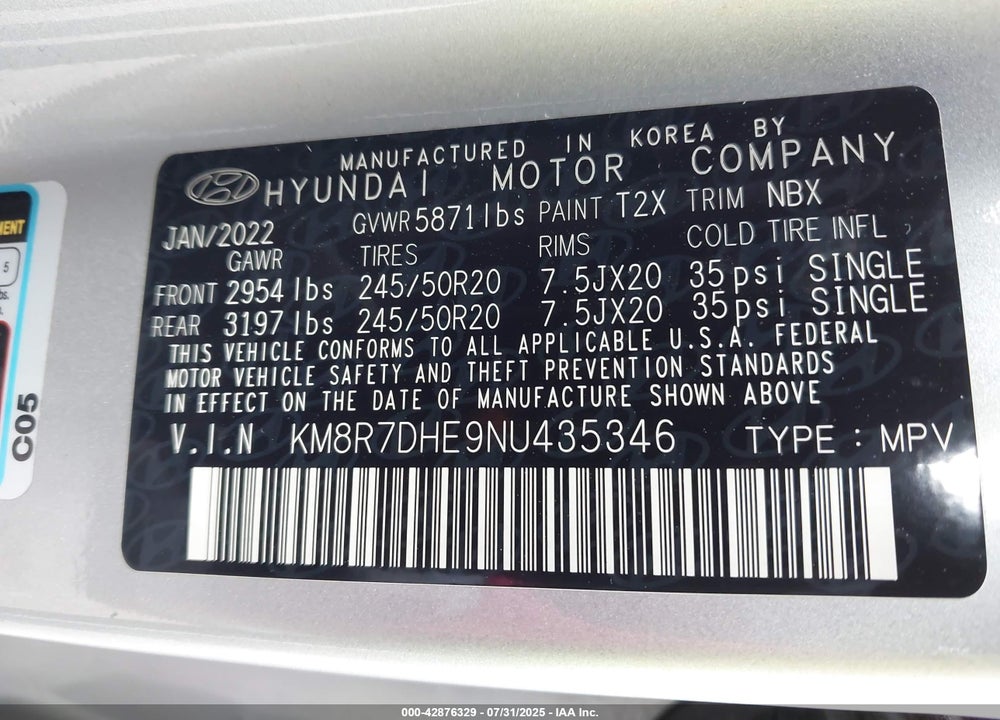 2022 HYUNDAI PALISADE VIN: KM8R7DHE9NU435346