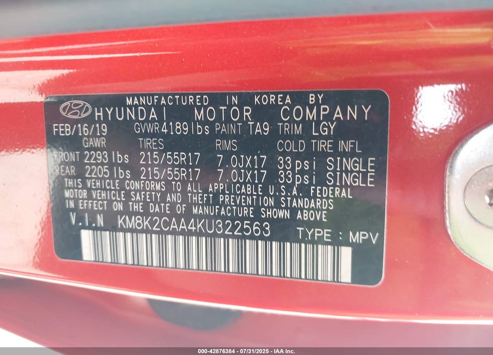 2019 HYUNDAI KONA VIN: KM8K2CAA4KU322563