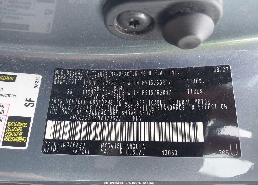 2022 TOYOTA COROLLA CROSS VIN: 7MUCAABG6NV029622