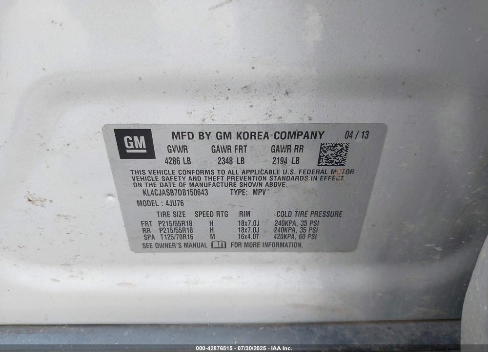 2013 BUICK ENCORE VIN: KL4CJASB7DB150643