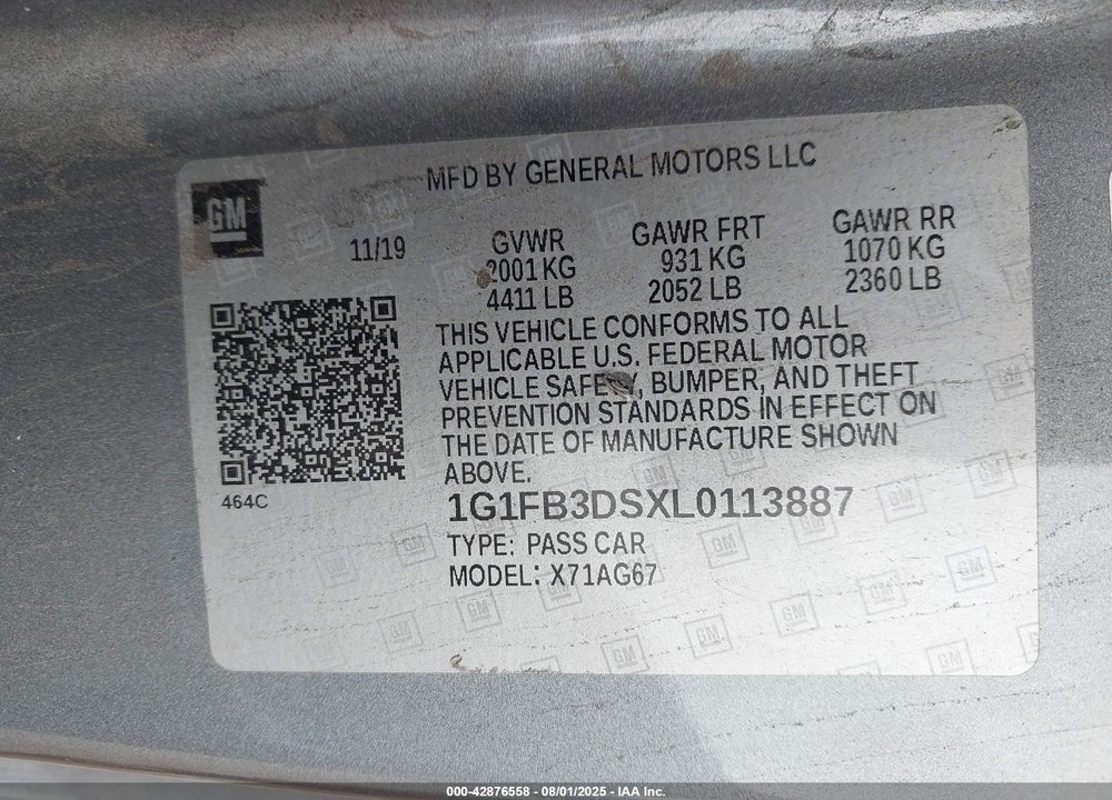 2020 CHEVROLET CAMARO VIN: 1G1FB3DSXL0113887