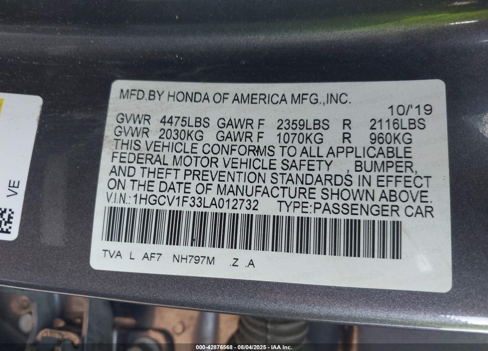 2020 HONDA ACCORD VIN: 1HGCV1F33LA012732