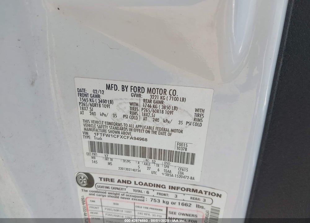 2012 FORD F-150 VIN: 1FTFW1CFXCFA94968