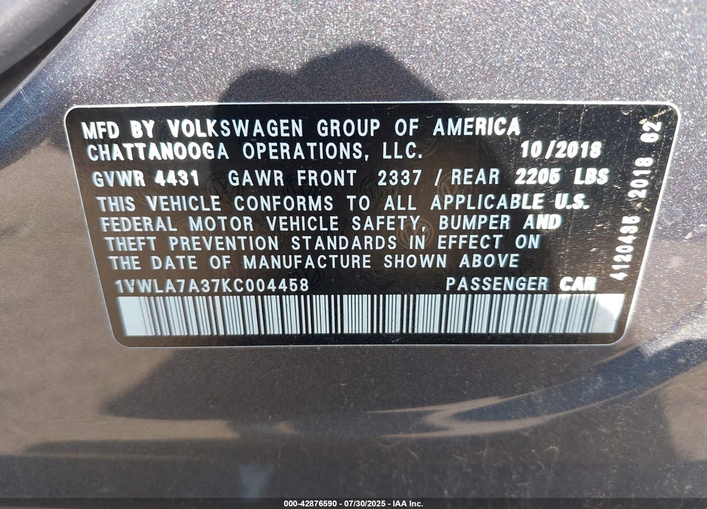 2019 VOLKSWAGEN PASSAT VIN: 1VWLA7A37KC004458