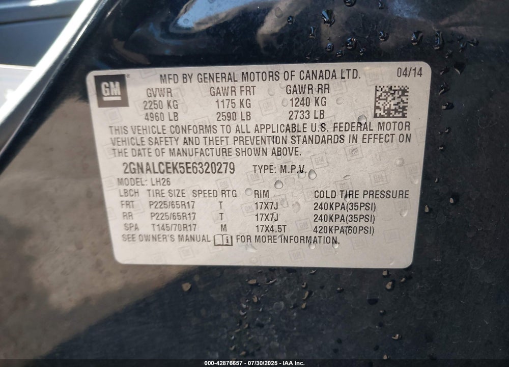 2014 CHEVROLET EQUINOX VIN: 2GNALCEK5E6320279