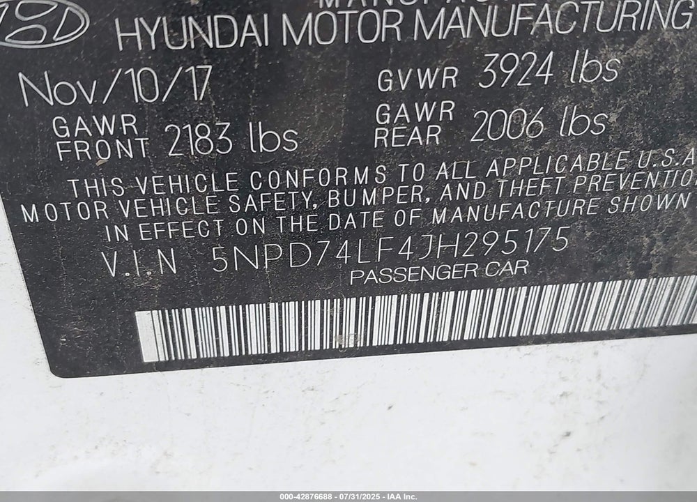 2018 HYUNDAI ELANTRA VIN: 5NPD74LF4JH295175