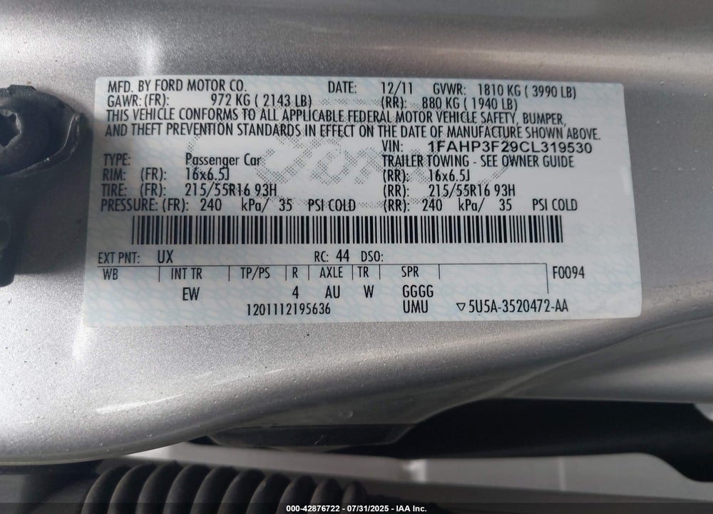 2012 FORD FOCUS VIN: 1FAHP3F29CL319530