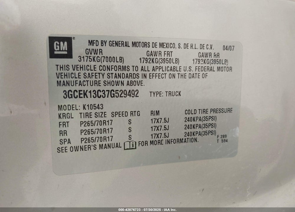 2007 CHEVROLET SILVERADO 1500 LT1 VIN: 3GCEK13C37G529492