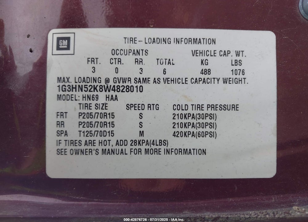 1998 OLDSMOBILE EIGHTY-EIGHT VIN: 1G3HN52K8W4828010