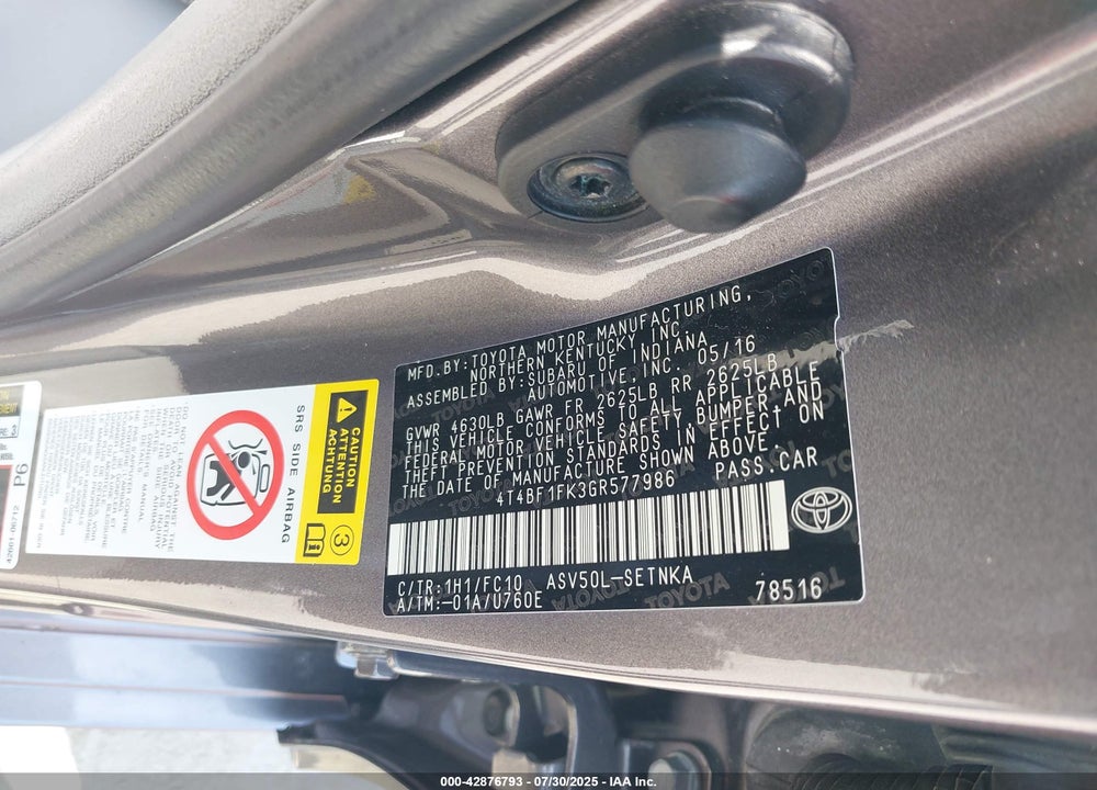 2016 TOYOTA CAMRY VIN: 4T4BF1FK3GR577986